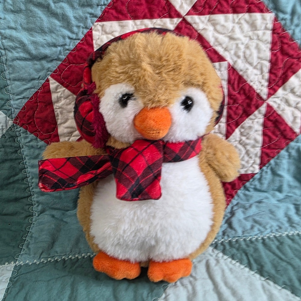 Inter-American Products Tan Penguin Plush Red Plaid Scarf Earmuffs 10 Inch 2025